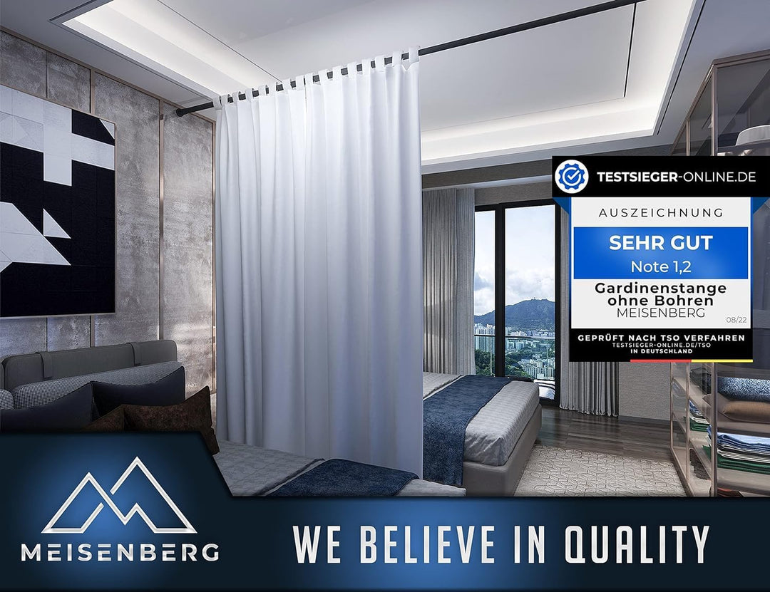 MEISENBERG Duschvorhangstange ohne Bohren 160-210cm, Ø25mm Matt Schwarz Klemmbare belastbare Gardine