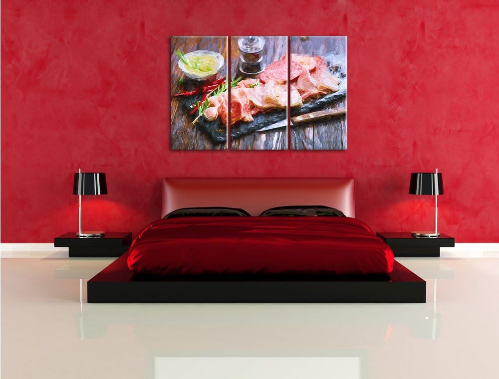 Pixxprint Antipasti verschiedener Wurstsorten Kunst Pinsel Effekt 3-Teiler Leinwandbild 120x80 Bild