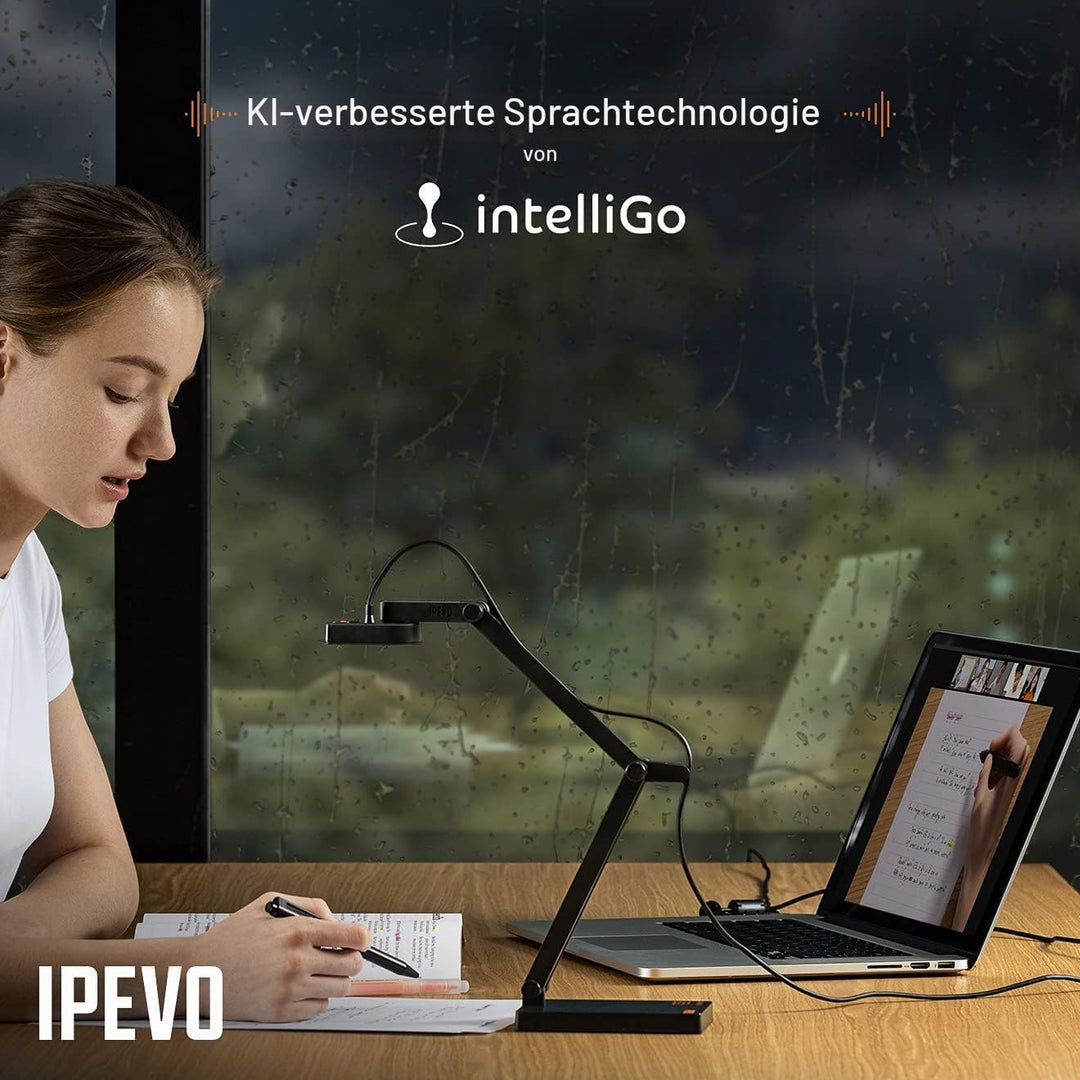 Dokumentenkamera IPEVO V4K PRO Ultra HD USB mit KI-gestütztem Mikrofon, für Visualisierung im Klasse