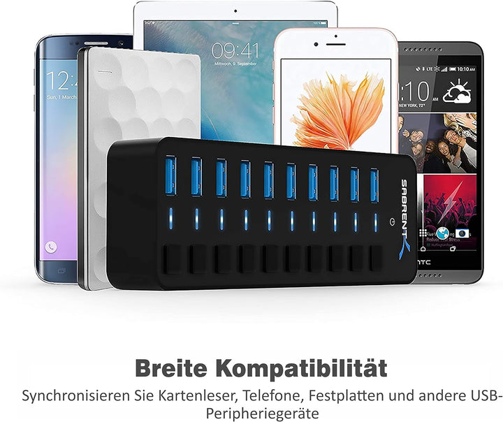Sabrent USB Hub aktiv 3.0 mit netzteil 60W 10port, USB Adapter mehrfach Verlängerung, USB Verteiler,