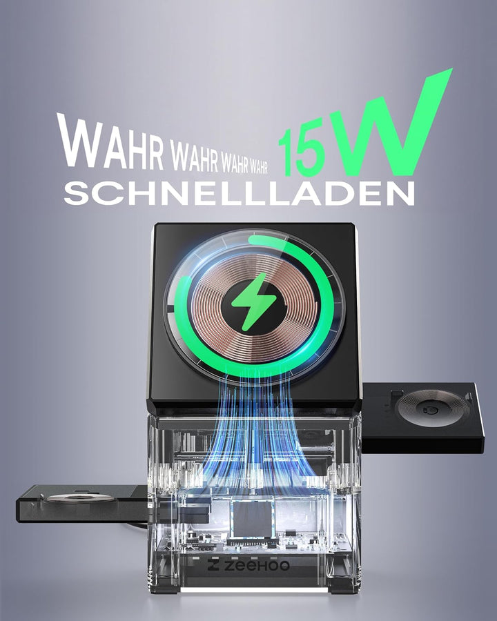 ZEEHOO Wireless Charging Station, CubeTrick-X Qi2 15W Schnellladung, kabellose Ladestation 3 in 1 mi