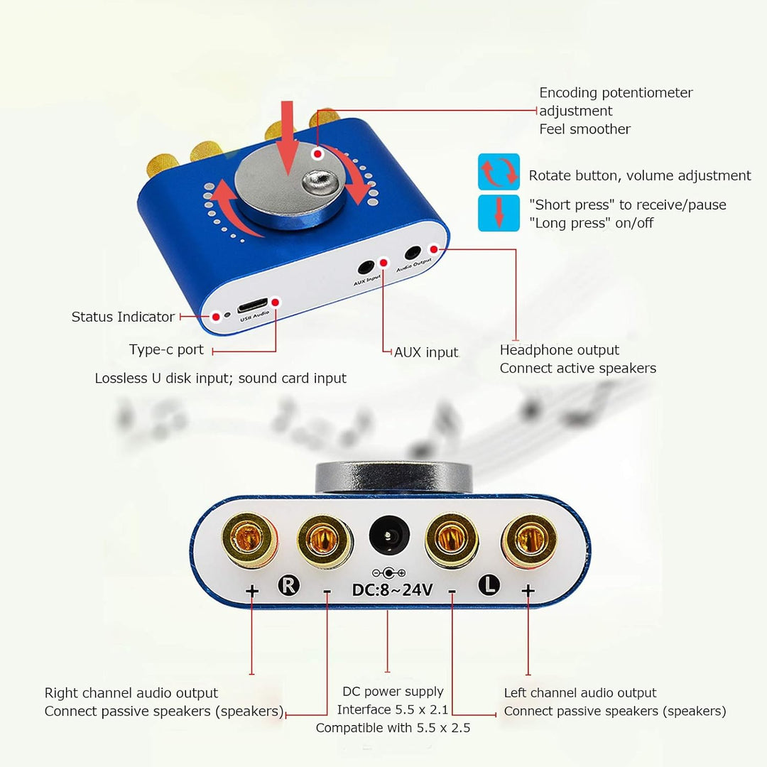 DC8-24V 5.0 Bluetooth-Leistungsverstärker 2 Kanäle 20W + 20W Stereo-Leistungsverstärker Digital Spea