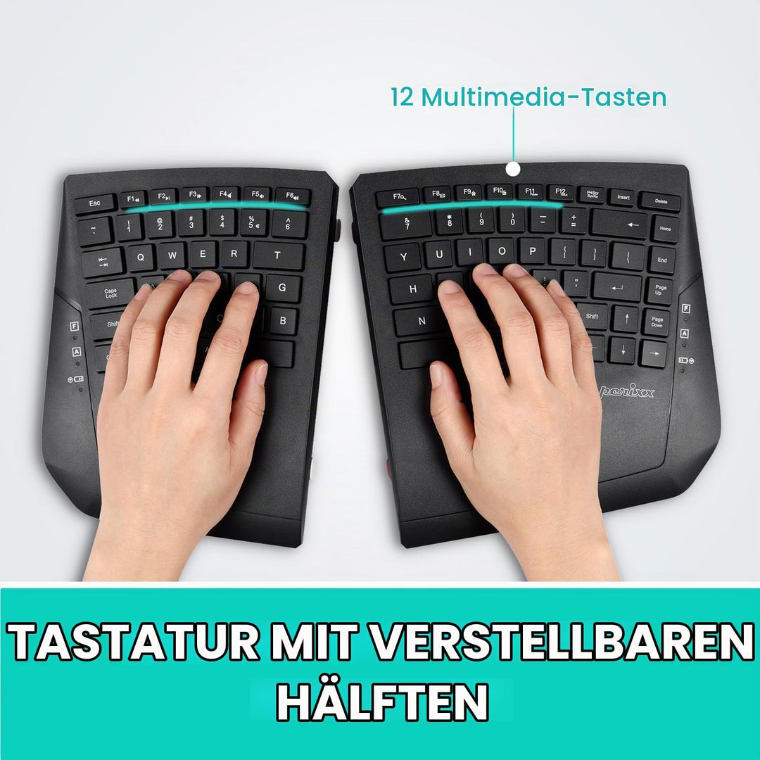 Perixx PERIBOARD-624B - Kabellose ergonomische Split-Tastatur - Flachen Tasten - Neigungswinkel eins