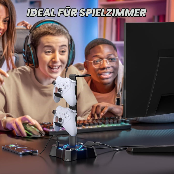 KDD Headset Halterung Led mit USB Ladestation, Controller Halterung &amp; Kopfhörer Ständer Tisch mit 2