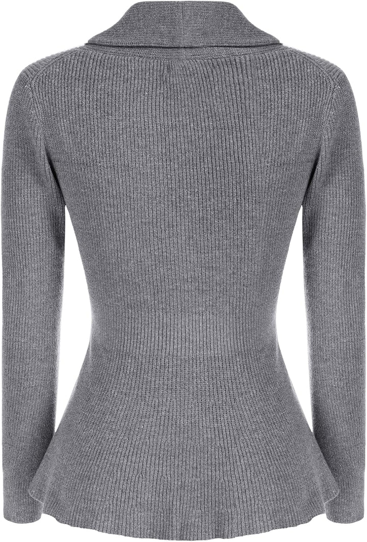 Belle Poque Damen Strickjacke Langarm Reverskragen Cardigan mit Rüschensaum Casual Strickmantel XL G