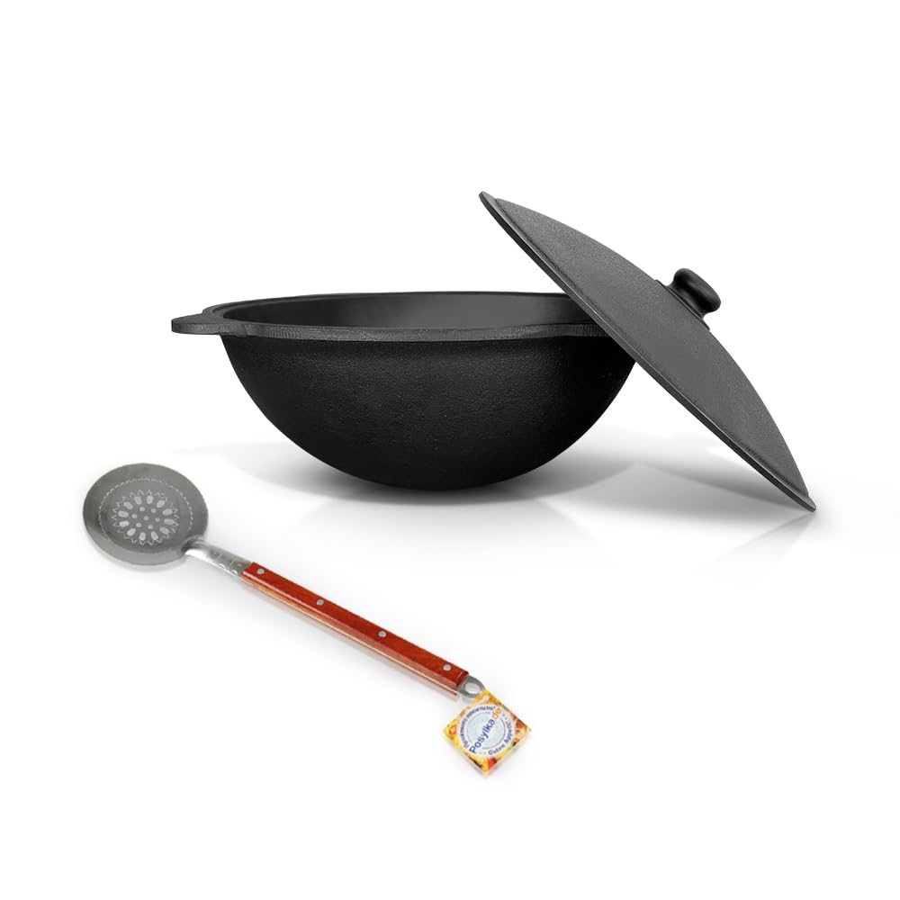 Gusseisen Kazan Uzbekisch 6L Aluminiumdeckel Schaumlöffel für Plov, 40 cm Usbekistan Kochtopf WOK Pl