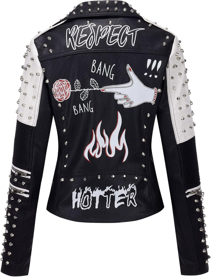 Giolshon Damen Kunstleder Jacke Nieten Floral Moto Biker Kurzer Revers Mantel 3XL 0376_Schwarz, 3XL