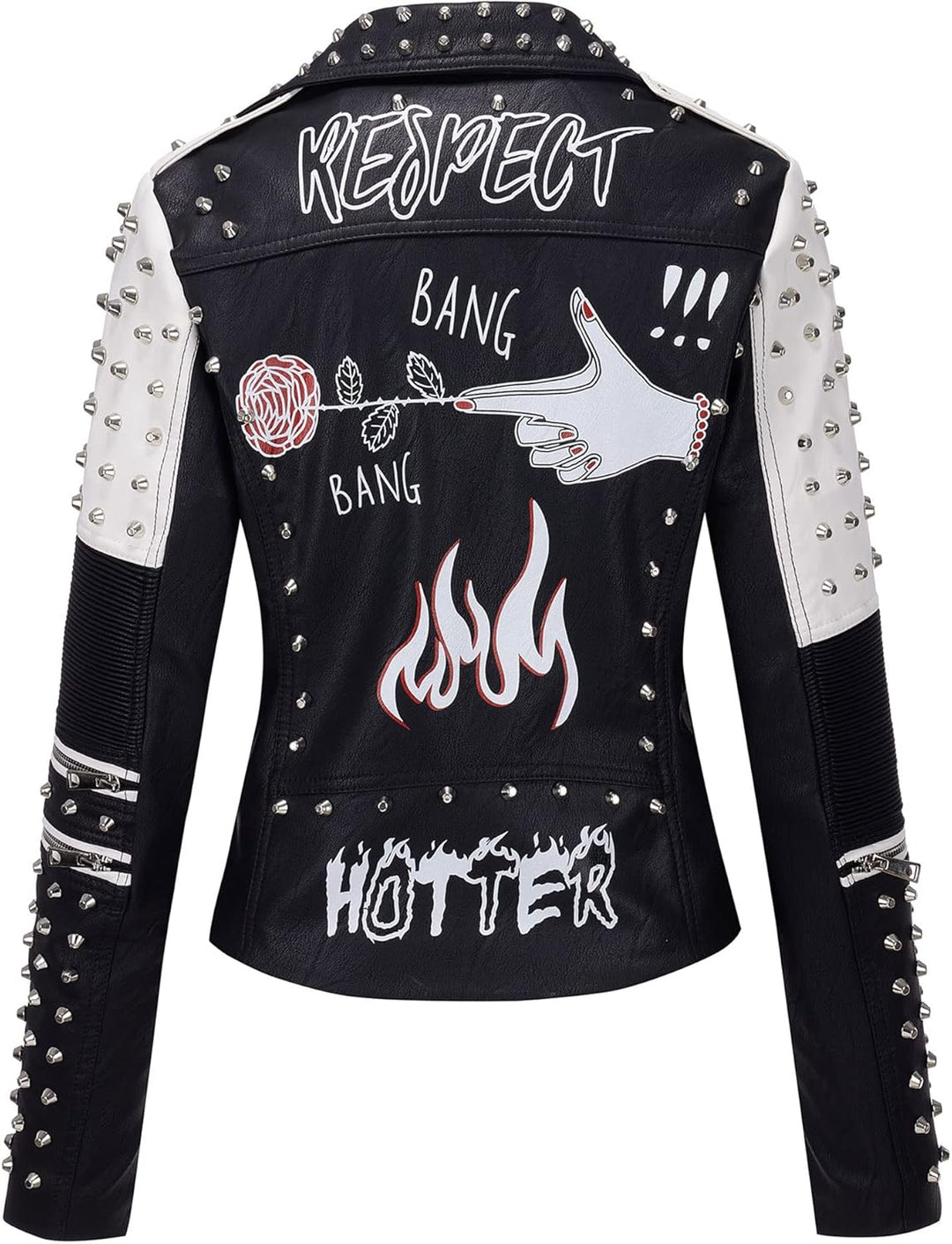 Giolshon Damen Kunstleder Jacke Nieten Floral Moto Biker Kurzer Revers Mantel 3XL 0376_Schwarz, 3XL