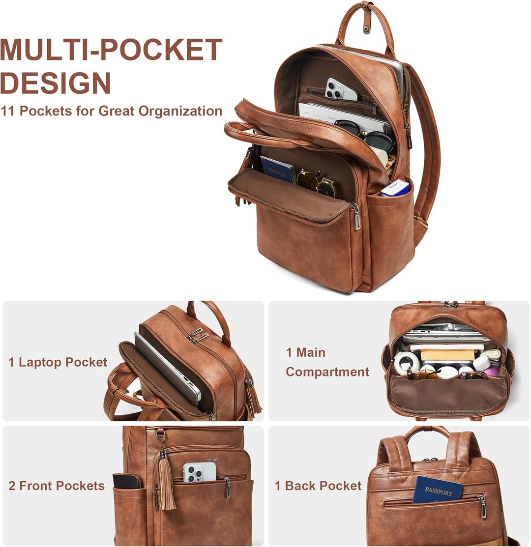 Shrrie Rucksack Damen, 15,6 Zoll Laptop Rucksack Leder Wasserdicht mit laptopfach, Computer-Rucksack