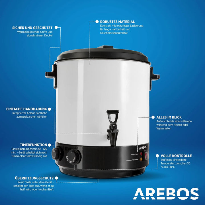 Arebos Einkochautomat 1800 W | Einkochtopf 28 L | mit Timer, Thermostat & Überhitzungsschutz | stufe