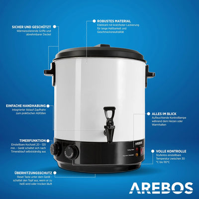 Arebos Einkochautomat 1800 W | Einkochtopf 28 L | mit Timer, Thermostat & Überhitzungsschutz | stufe