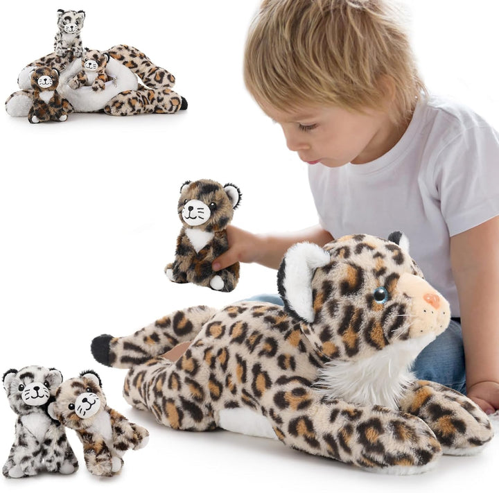 MorisMos 45cm riesen Leopardo Kuscheltier XXL mit 3 Plüschbaby im Bauch, gross liegend Plüsch Leopar