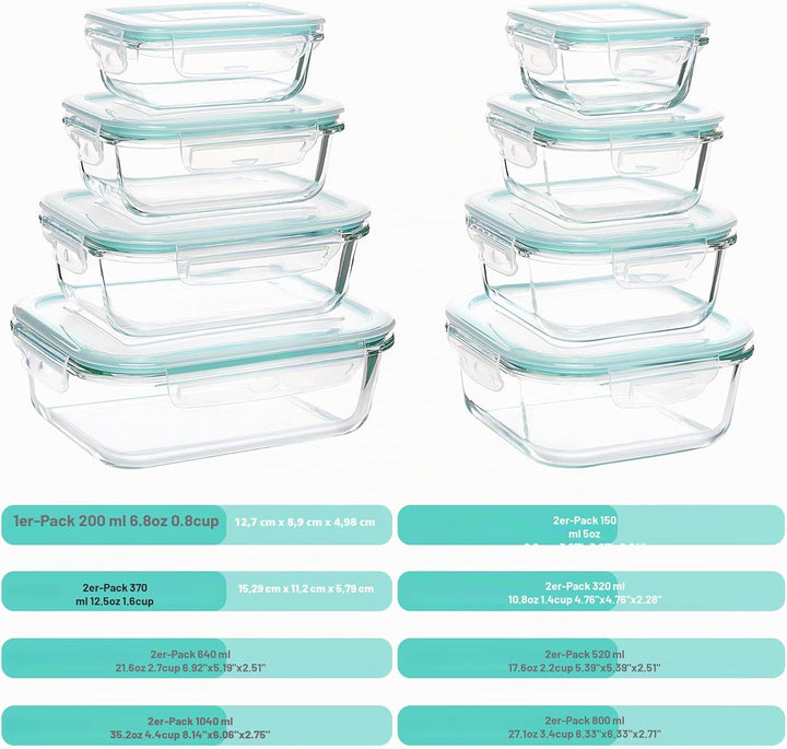 Vtopmart 15 Stück Meal Prep Boxen Glas, Glasdosen mit Deckel Set, Frischhaltedosen Glas mit Auslaufs