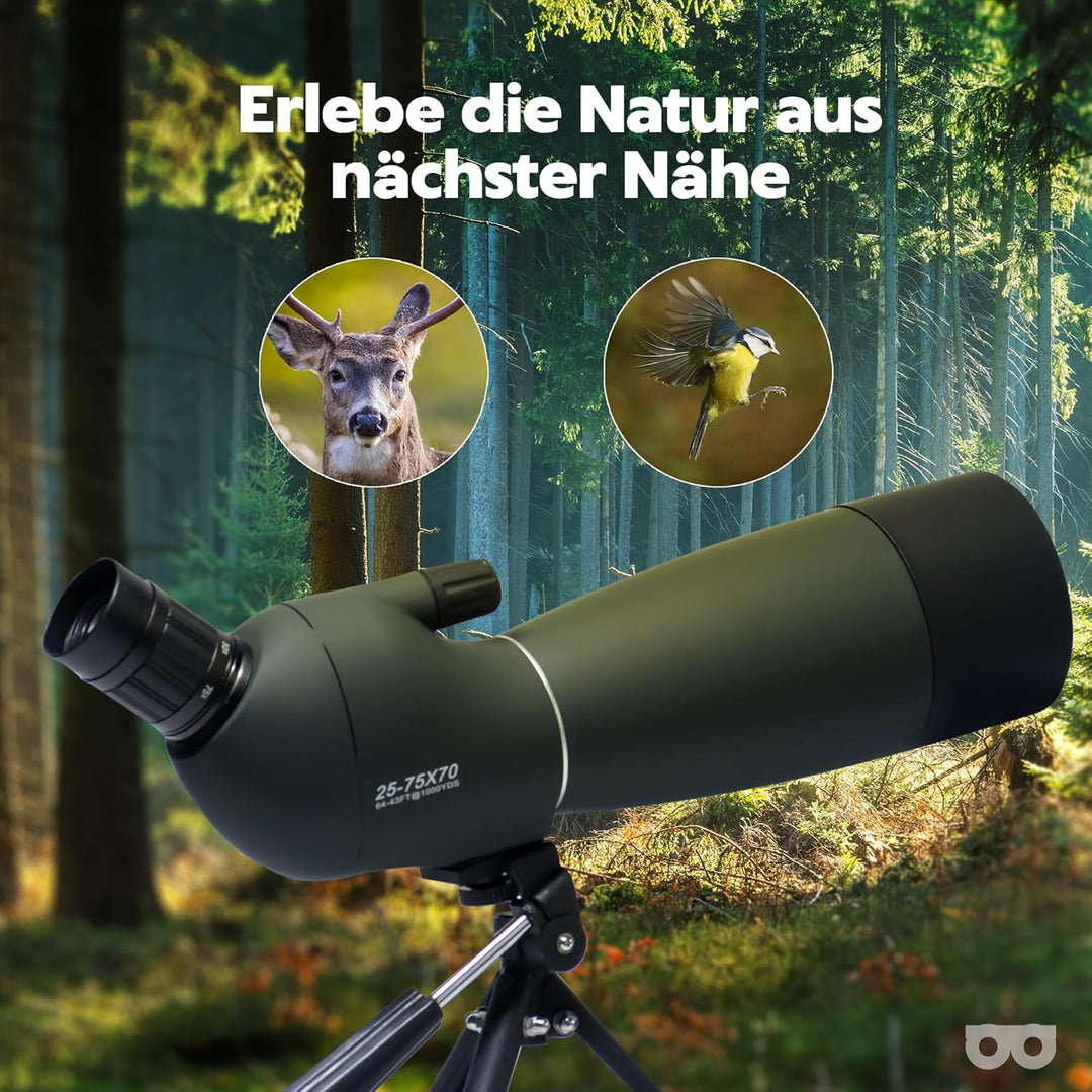 Spektiv 25x75 mit Stativ PRO | High Definition Zoom | Wasserdicht & Shockproof | FMC BaK-4 Prism | T
