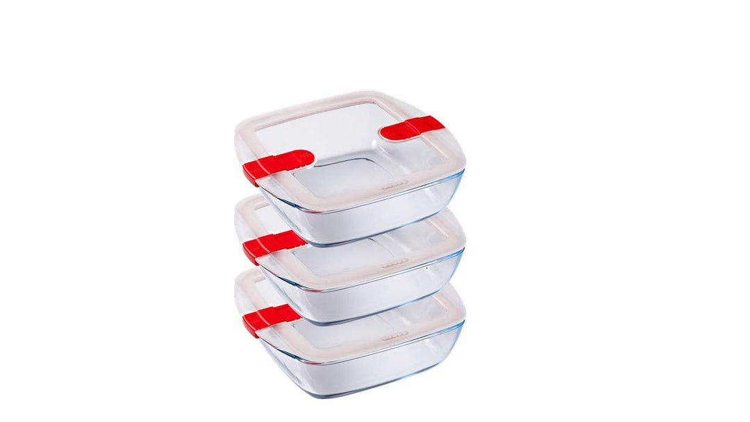 Pyrex Cook & Heat – Set mit 3 identischen quadratischen Behältern – 1 l – Borosilikatglas – Lunchbox