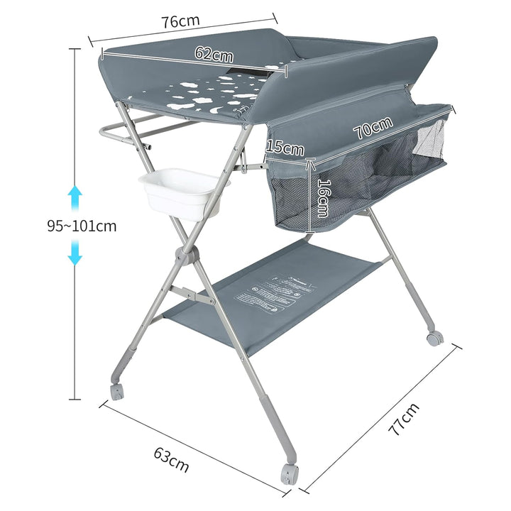 OHMG Baby Wickelkombi Klappbare Wickelkommode,Wickeltisch mit Rollen,Mobiler Wickeltisch mit Wickela