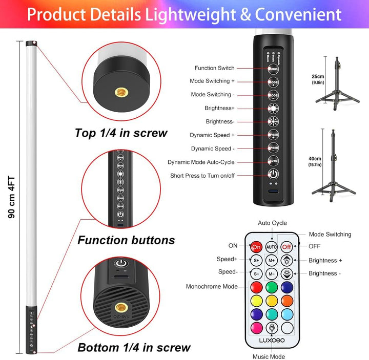 2 Stück 90cm LED Videolicht Mood1 Pro mit Stativ, LED Handheld Fotografie Lichtdimmbar und Musikmodu