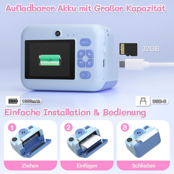 Kinderkamera Sofortbildkamera, 2,4 Zoll 1080P Sofortbildkamera Kinder mit 32GB Karte & 3 Rollen Druc