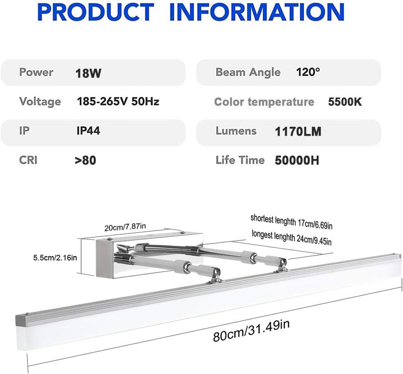 Klighten LED Spiegelleuchte 18W Einstellbare Halterung, LED Badleuchte für Badzimmer Spiegel, Schmin