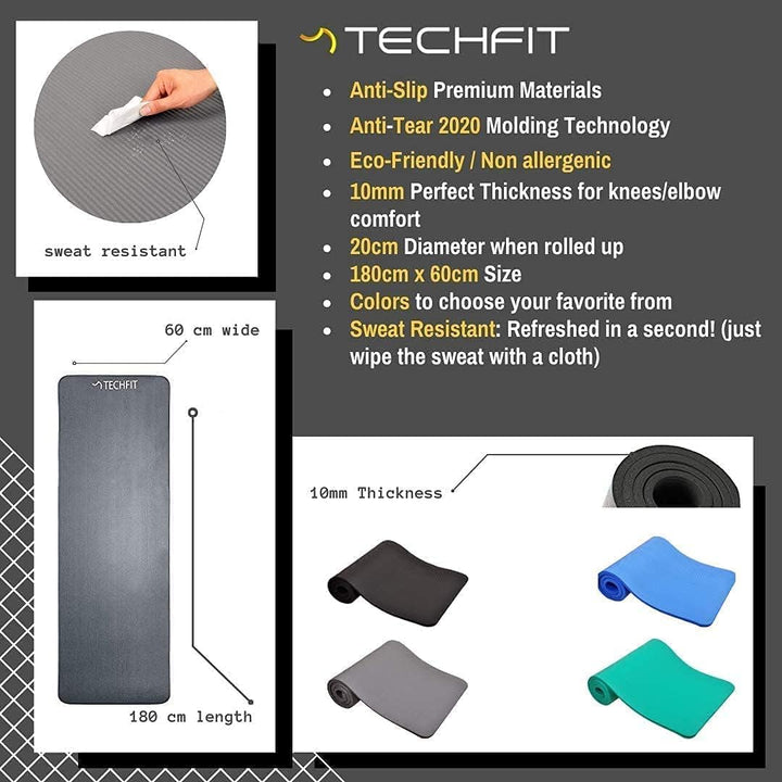 TechFit Yogamatte Rutschfest für das Fitnessstudio zu Hause - Pilates Matte für das Heimtraining, Yo