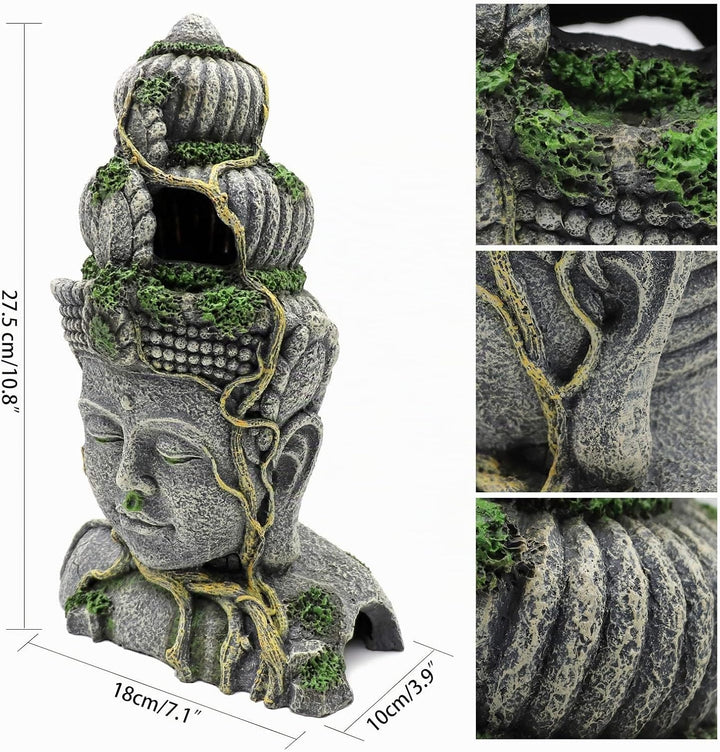 MUYIRTED Buddha Aquarium Dekoration Höhle Grosse Aquarium Ornamente, Grüne Moos Pflanze Bedeckt Stei