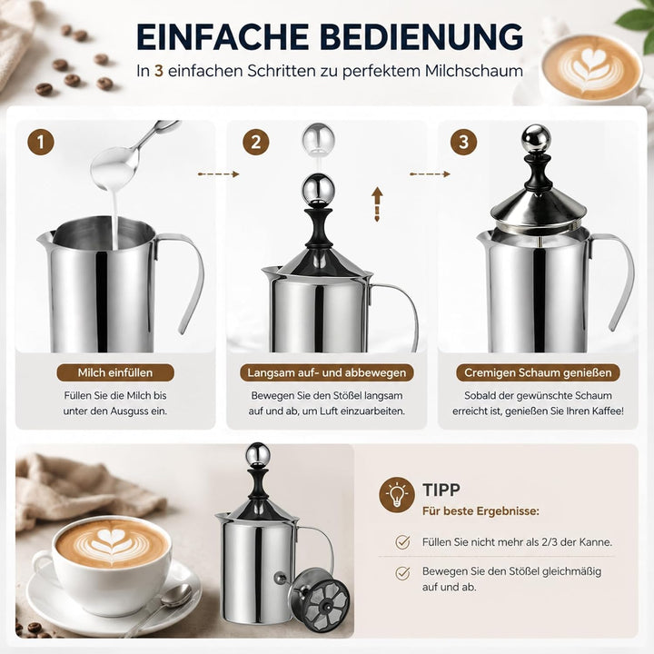 LATRAT 800 ml Manueller Milchaufschäumer, Manueller Milchaufschäumer Edelstahl Handaufschäumender Kr