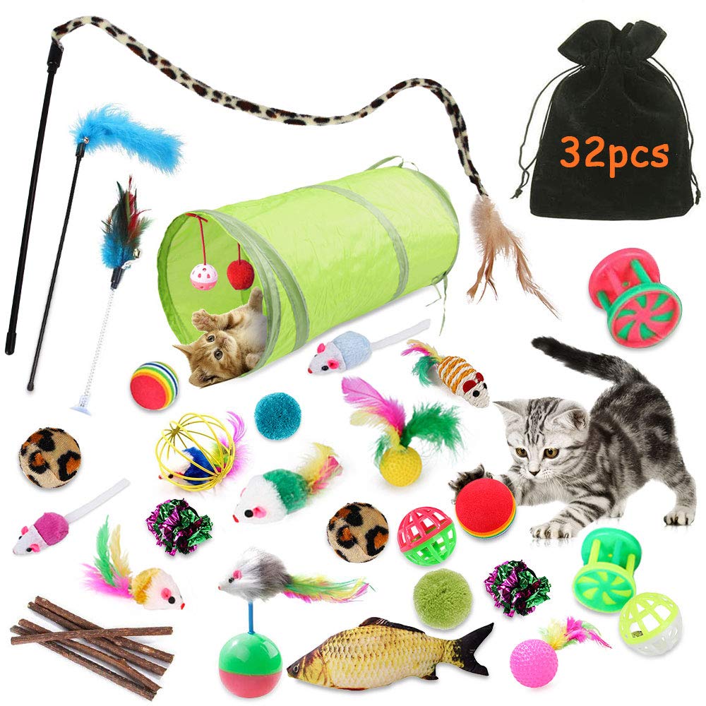 Katzenspielzeug,32 Stück Katzenspielzeug Set mit Katzentunnel,Bälle,Federspielzeug,Plüschspielzeug,S