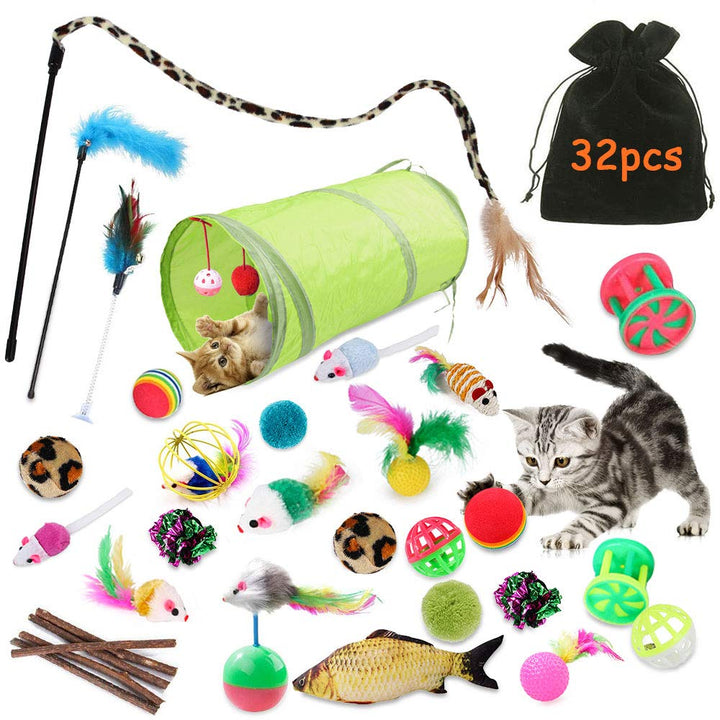 Katzenspielzeug,32 Stück Katzenspielzeug Set mit Katzentunnel,Bälle,Federspielzeug,Plüschspielzeug,S
