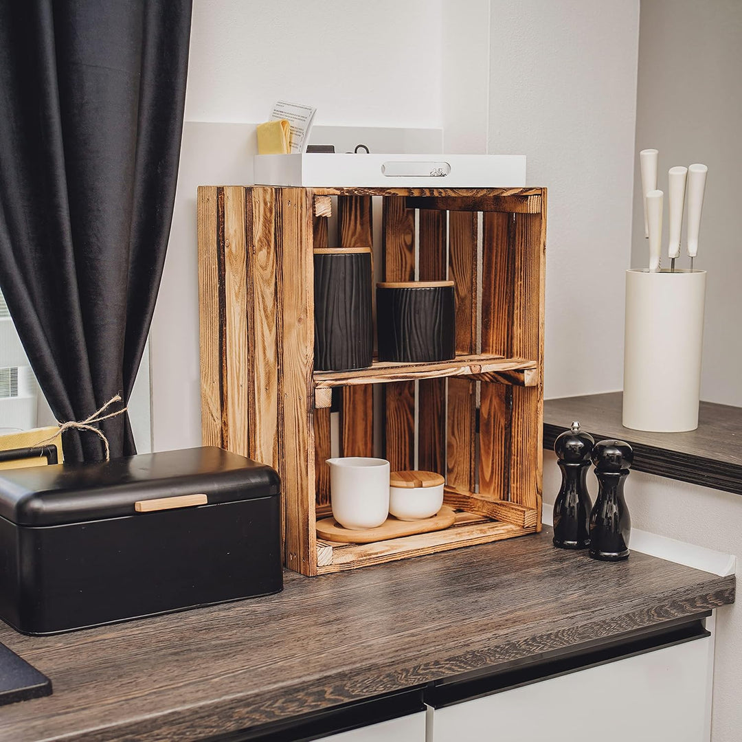 GrandBox Geflammte Holz-Kiste 50x40x30 mit Mittelbrett Vertikal, Wein-Kiste, Obst-Kiste, Kaminholz-K