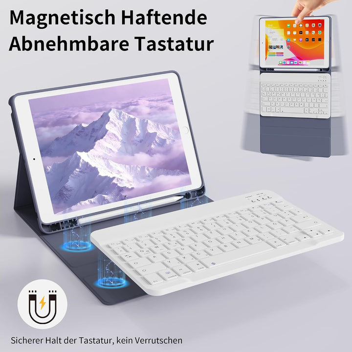 Tastatur Hülle für iPad 9. 8. 7. Generation 2021/2020/2019 10,2 Zoll mit Stifthalter, Magnetisch Blu