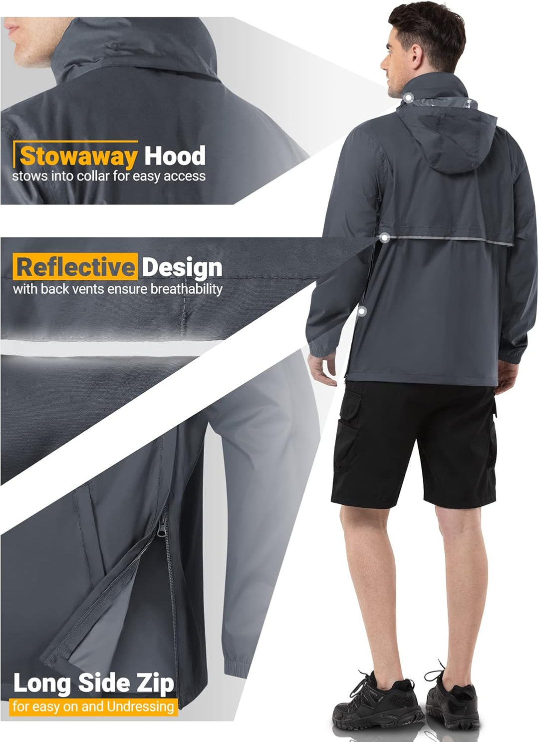 Outdoor Ventures Herren Regenjacke Wasserdichter Pullover mit Kapuze Packbare Reflektierende Jacke L