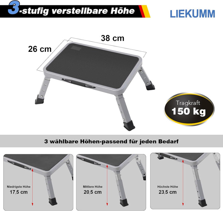 LIEKUMM 3-stufige Klappbarer Tritthocker, 150 kg Tragkraft Höhenverstellbar Tritthocker, Leichte Tri