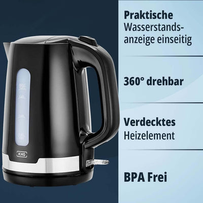 KHG Wasserkocher WK-1708 SE2 schwarz Edelstahl 1,7 Liter, abwaschbarer Kalkfilter, Wasserstandsanzei