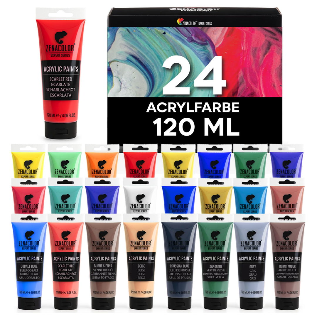 Zenacolor - Set mit 24 Acrylfarben - 24 Tuben 120ml, 24 Farbtöne, Farbe für Holz, Leinwände, Bastler