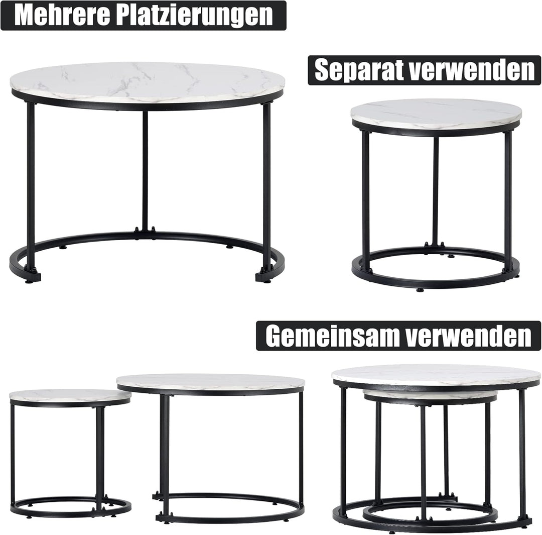 Merax Rund Couchtisch Set, 2-in-1 Nesting Couchtisch Satztisch, mit Marmormuster, Metallgestell, für