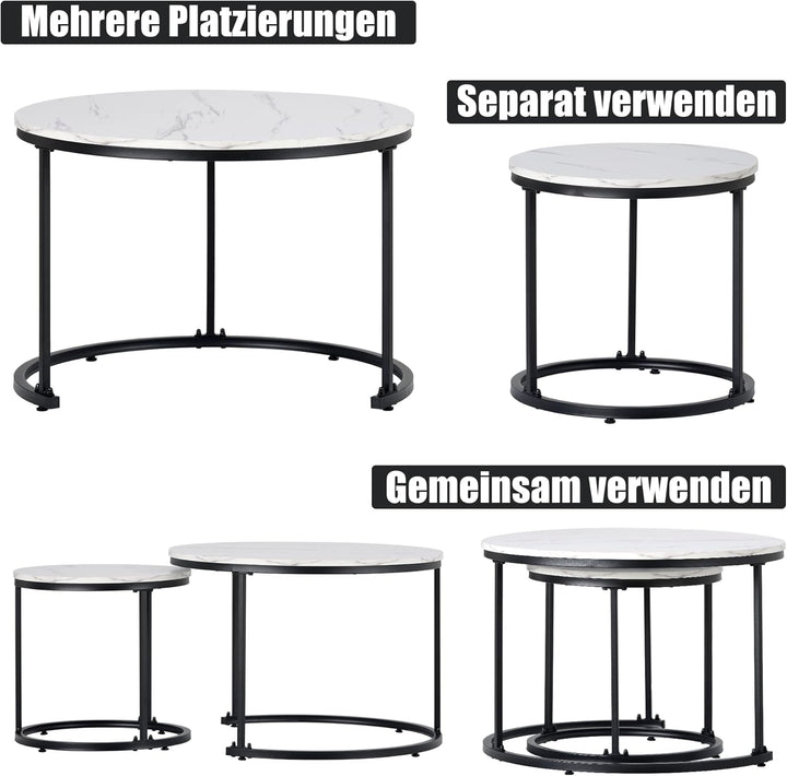 Merax Rund Couchtisch Set, 2-in-1 Nesting Couchtisch Satztisch, mit Marmormuster, Metallgestell, für
