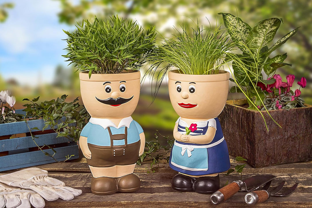 colourliving 2 Stück Blumentopf Figur Resi und Sepp aus Keramik Kräutertopf Übertopf für Blumen Pfla