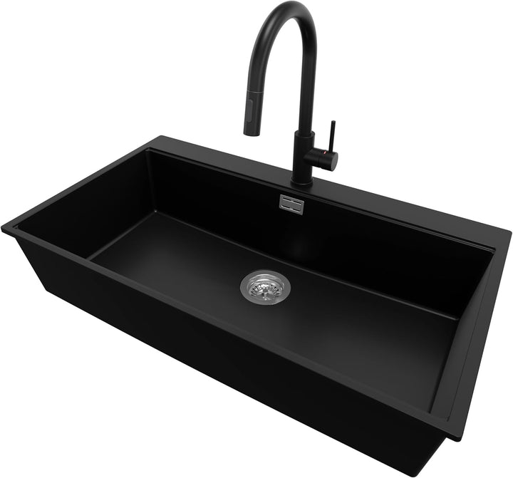 PRIMAGRAN Granitspüle Schwarz 88x50cm, Spülbecken 1 Becken + Ablauf-Set + Küchenarmatur 40x22cm, Küc