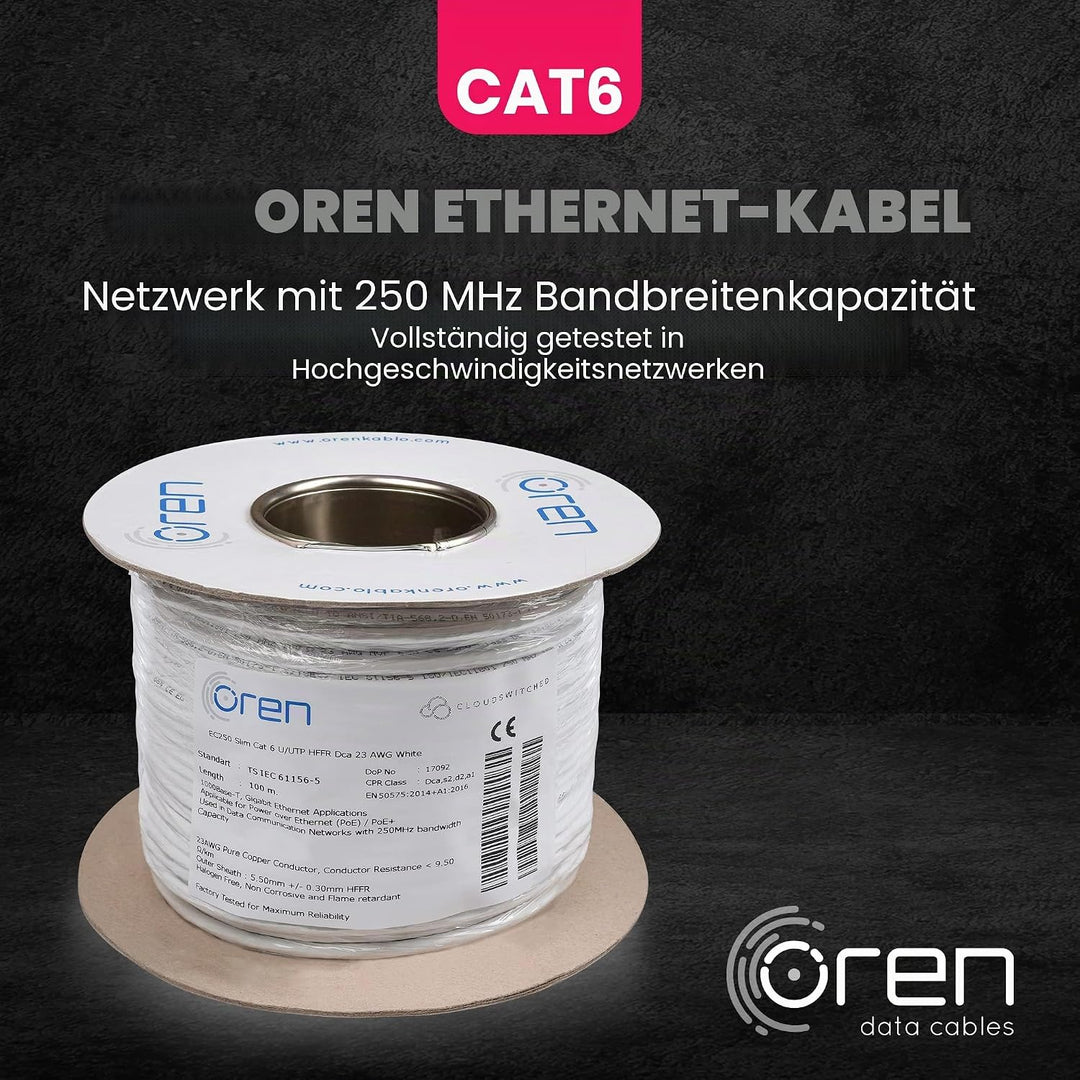 Oren CAT6 100m Ethernet Kabel Weiss - Schlank - 23 AWG Reines Kupferdraht - 250 MHz Bandbreite UTP I