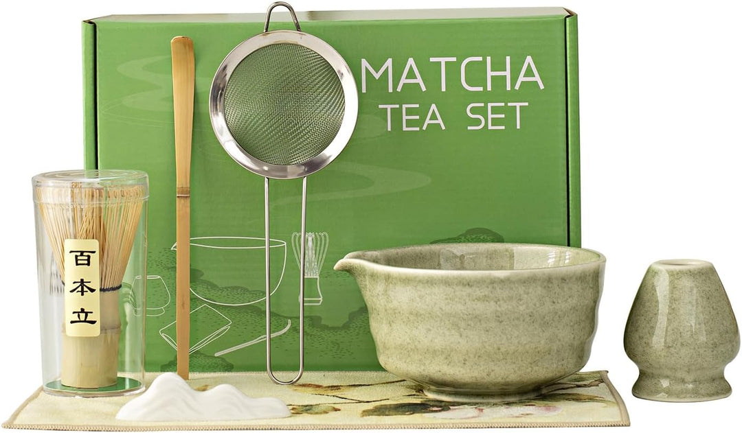 Matcha Set, Traditionelles Matcha Tee Zeremonie Set, 7 Teile - Inklusive Matcha Schale mit Ausguss,
