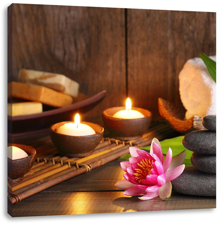 Pixxprint Kerzen mit Zen Steinen und Seerose, Format: 70x70 auf Leinwand, 70x70