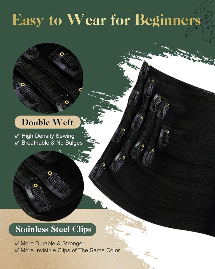 Ugeat 30cm Clip Extension Echthaar Schwarz Doppelt Tressen Haar Clip Extensions 5Stück Haarverlänger