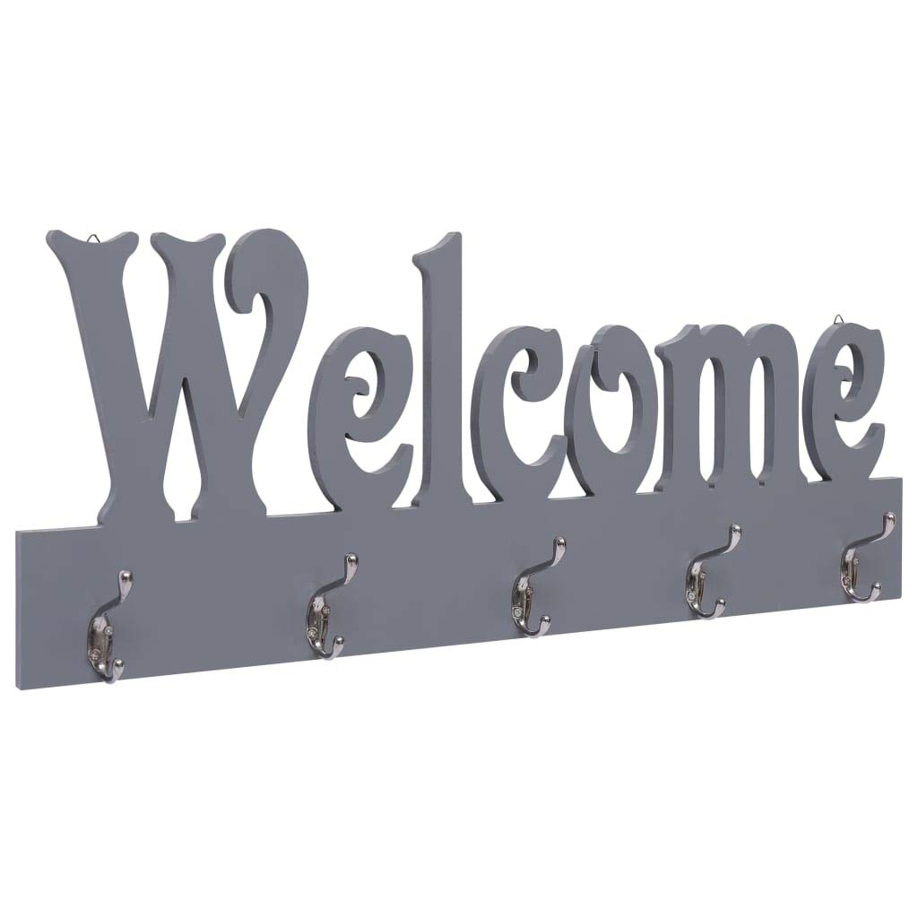 Wandgarderobe mit Ablage - WELCOME Grau 74 x 29,5 cm mit 4 Haken, MDF + Kupferhaken - Vintage Wandre