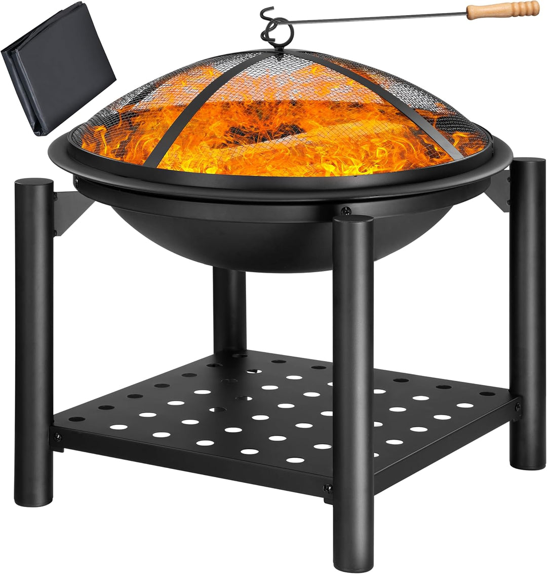 GARDEBRUK® Feuersschale mit Funkenschutz Rund Ø55cm Schürhaken Ablagefach Stahl Schwarz Terrasse Gar