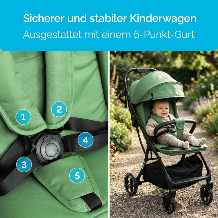 Fjällräv Buggy Kinderwagen bis 22 kg, Leicht, Einhand-Faltbar, 4-fach Verdeck mit Fenster, 360° Gel-