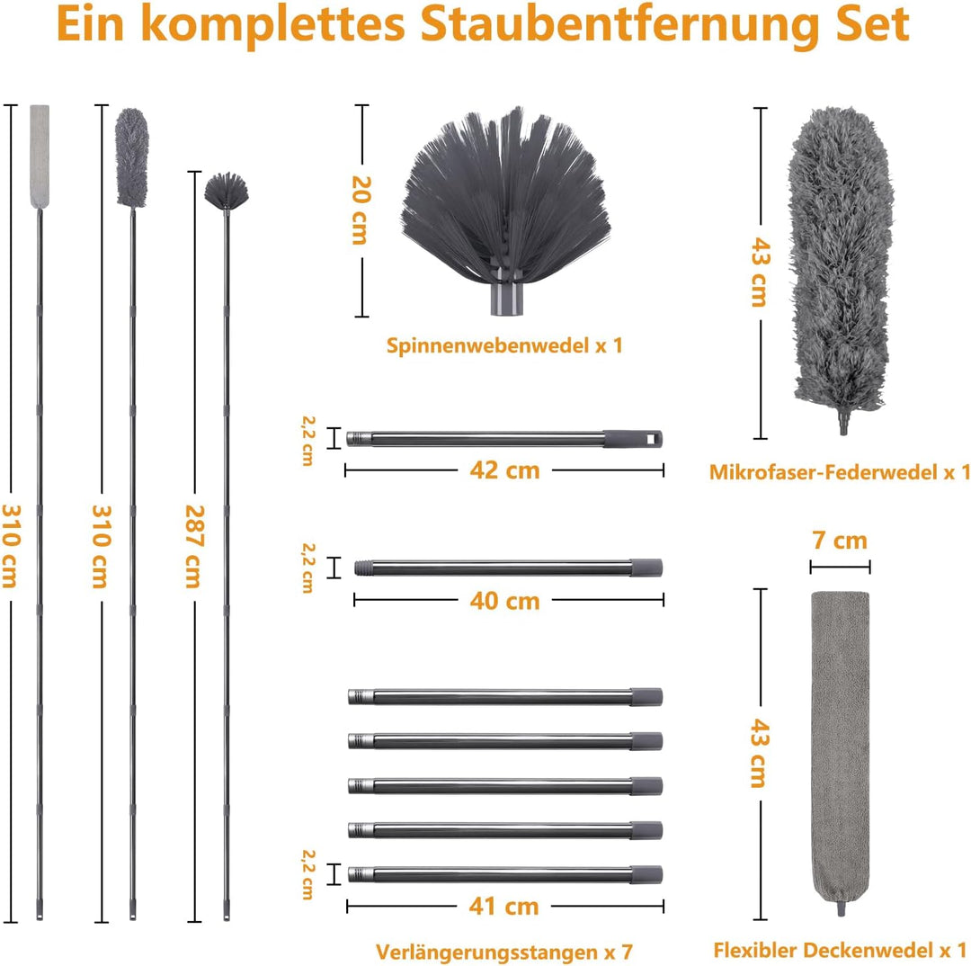 Terafeels 310 cm Staubwedel Lang Teleskop Waschbar, mit 1 Biegbare Eckbesen und 1 Spinnenwebenentfer