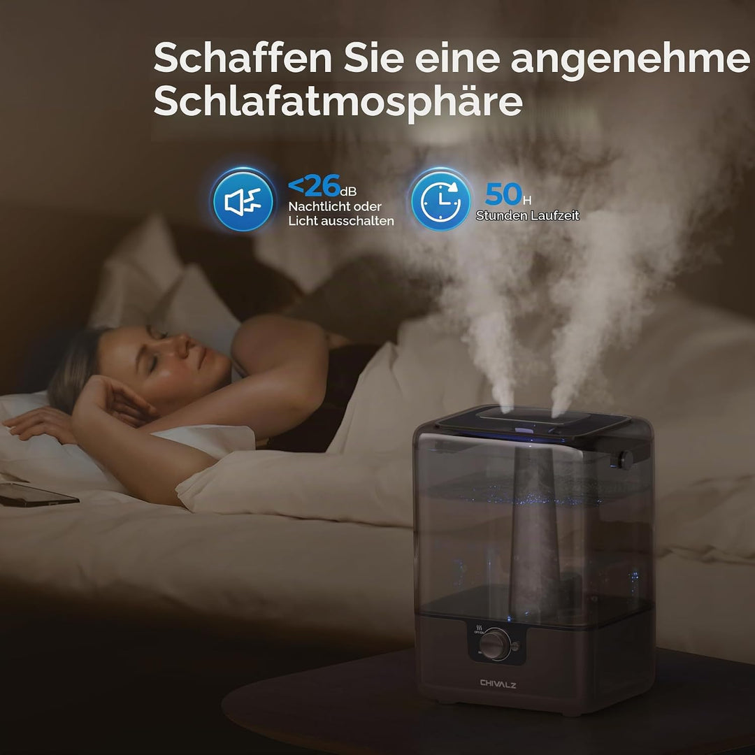 CHIVALZ Top Fill Humidifier for Large Rooms, 6 L, with Night Light, 360° Rotating Nozzle Humidifier,