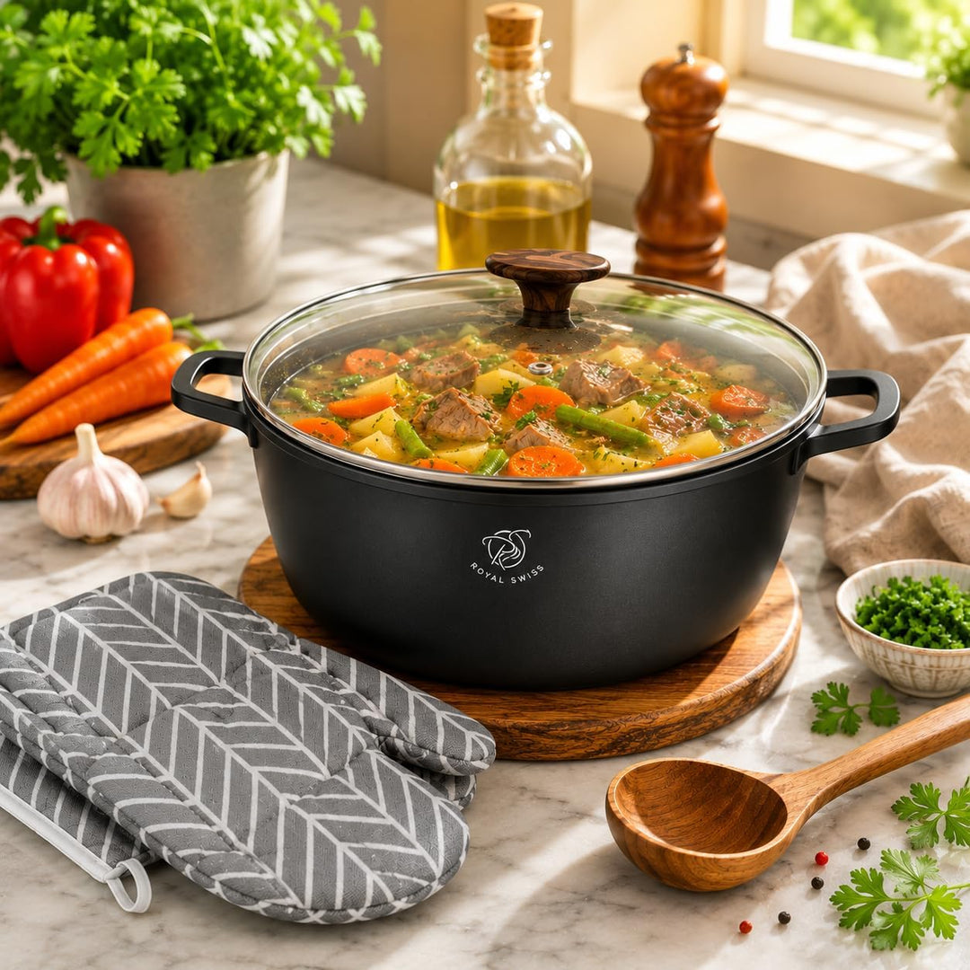 Royal Swiss Kochtopf Ø 28cm 6 L xl, Aluminiumguss Topf mit Marmor-Antihaftbeschichtung, Induktionsge