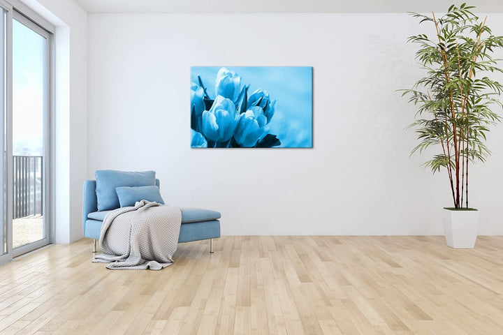 deyoli edle Tulpen Format: 100x70 Effekt: Monocrome Blau als Leinwand, Motiv fertig gerahmt auf Echt