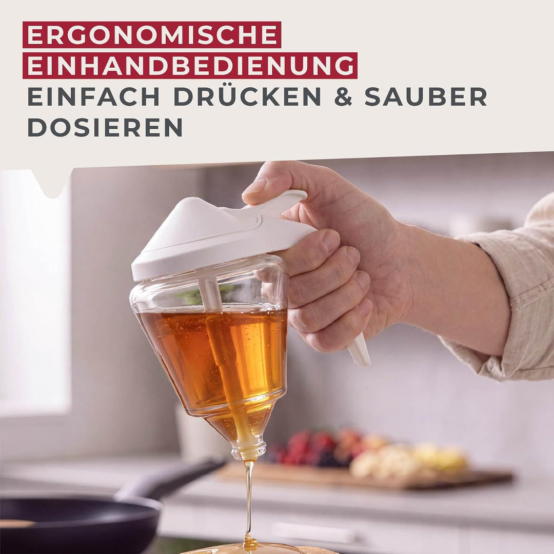 Fackelmann Honigspender, Honigtopf, Sirupbehälter zum Servieren von Honig und Sirup (Farbe: Weiss),